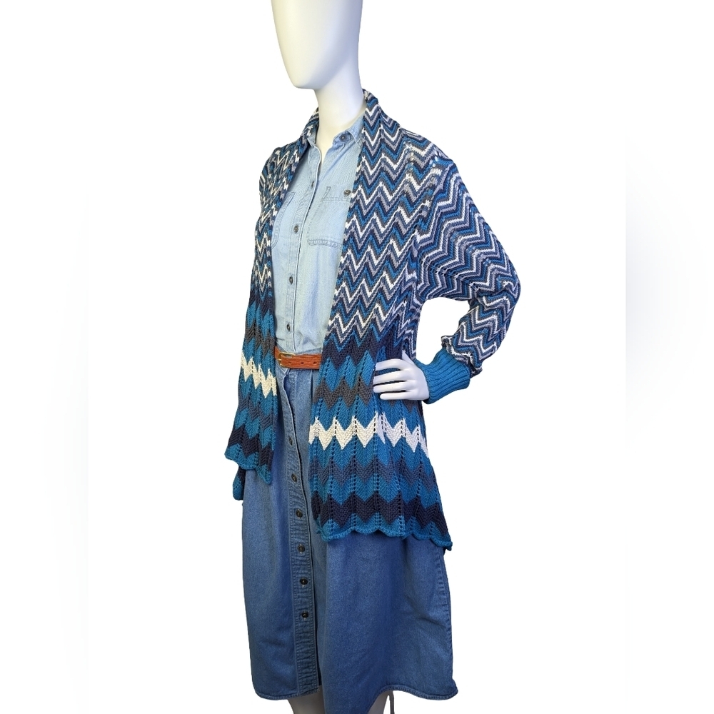 Jessica Western Blue Chevron Crochet Open Knit Cardigan 100% Cotton Medium